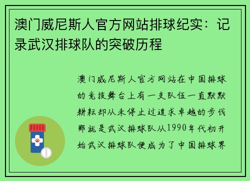 澳门威尼斯人官方网站排球纪实：记录武汉排球队的突破历程