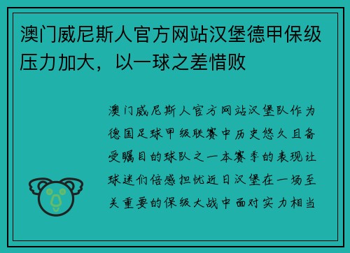 澳门威尼斯人官方网站汉堡德甲保级压力加大，以一球之差惜败